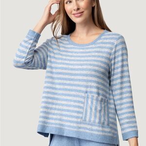 Habitat Women's Super Soft Fleece Stripe Blue Gray Front‎ Pocket Sweater- Meidum